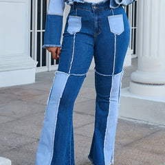  Colorblock Raw Trim Flared Leg Jeans