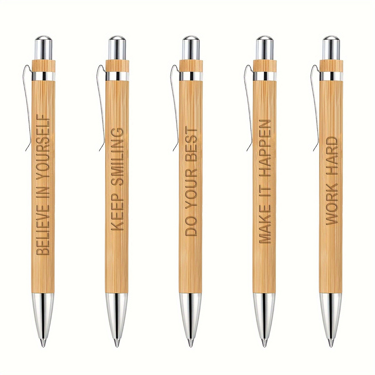 5pcs Bamboo Pens Laser Engraved Thank You Motivational Quotes Ballpoint Pens