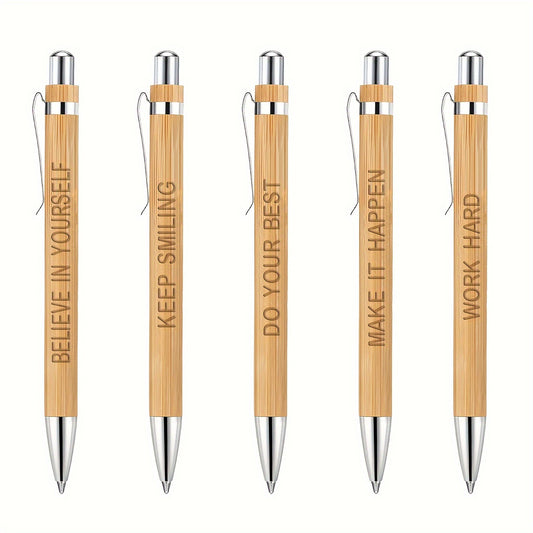 5pcs Bamboo Pens Laser Engraved Thank You Motivational Quotes Ballpoint Pens