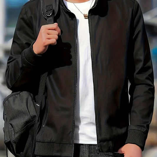 Solid Waterproof Jacket Men's Casual Stand Collar Zip Up Jacket