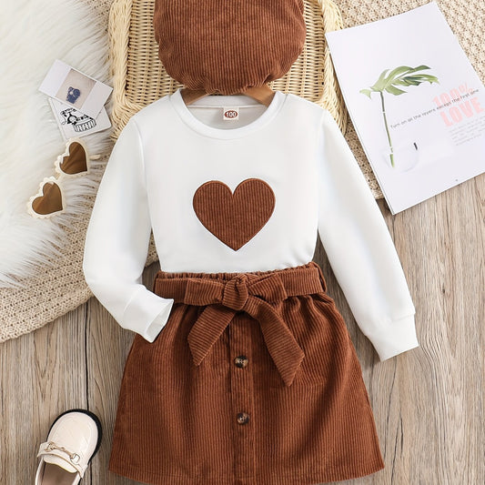 Girl's Corduroy 3pcs Heart Pattern Set Casual Outfits Spring Autumn