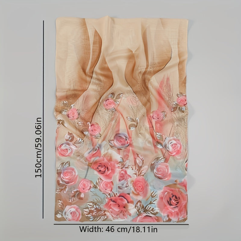 Rose Print Chiffon Scarf Peacock Feather Pattern Thin Breathable Shawl