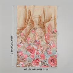 Rose Print Chiffon Scarf Peacock Feather Pattern Thin Breathable Shawl