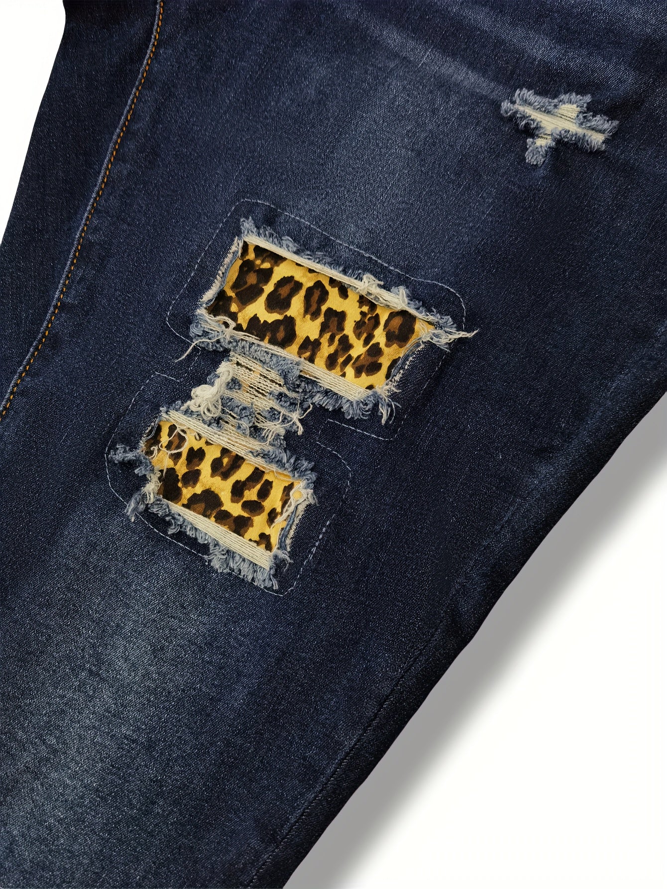  Leopard Skinny Jeans Washed Ripped Button Fly Casual Denim