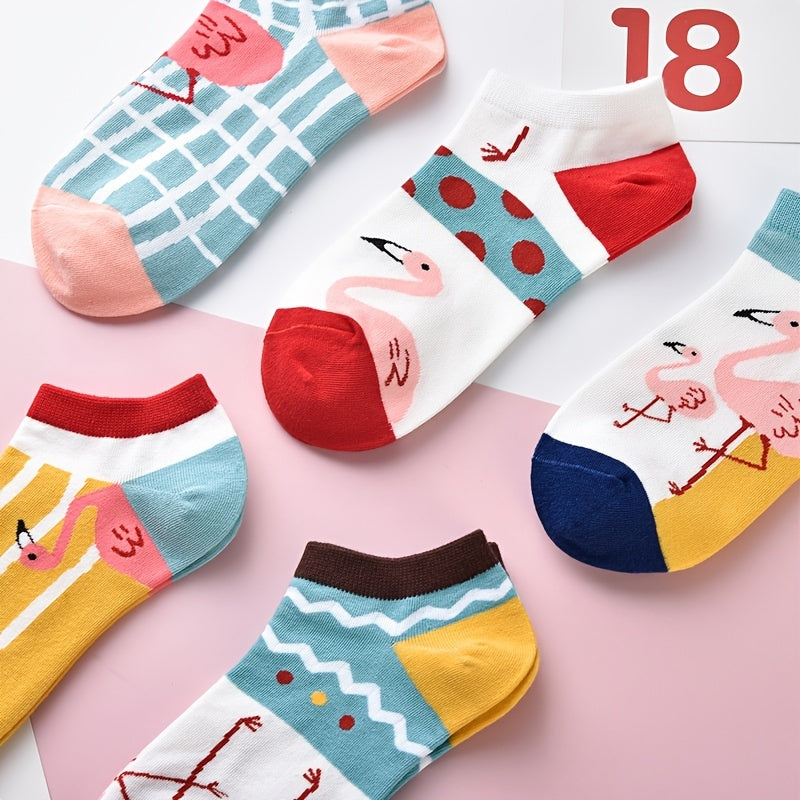 5 Pairs Flamingo Print Short Socks Women's Stocking