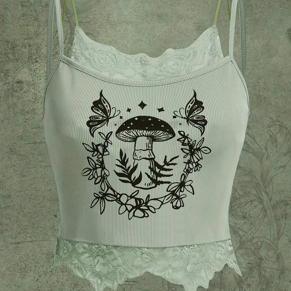 Mushroom Lace Trim Cami Top Sleeveless Summer Top