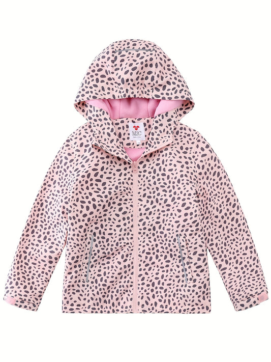Girls Leopard Print Hooded Jacket Waterproof Windproof Fleece Lining