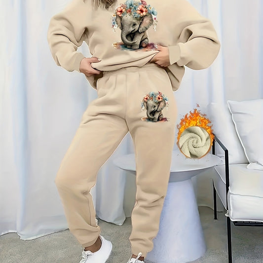 Women's Plus Elephant Print Fleece Top & Joggers Set
