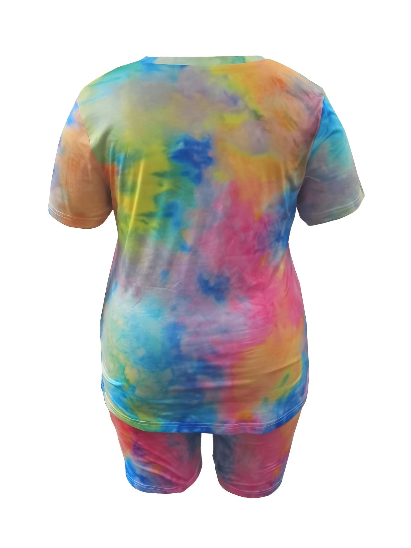 Women's Plus Tie Dye Tee & Shorts Set, V Neck, Two Piece Outfit