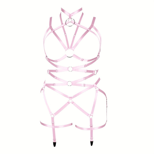 Pink Hollow Out Body Harness Bra Waistband Elastic Sexy