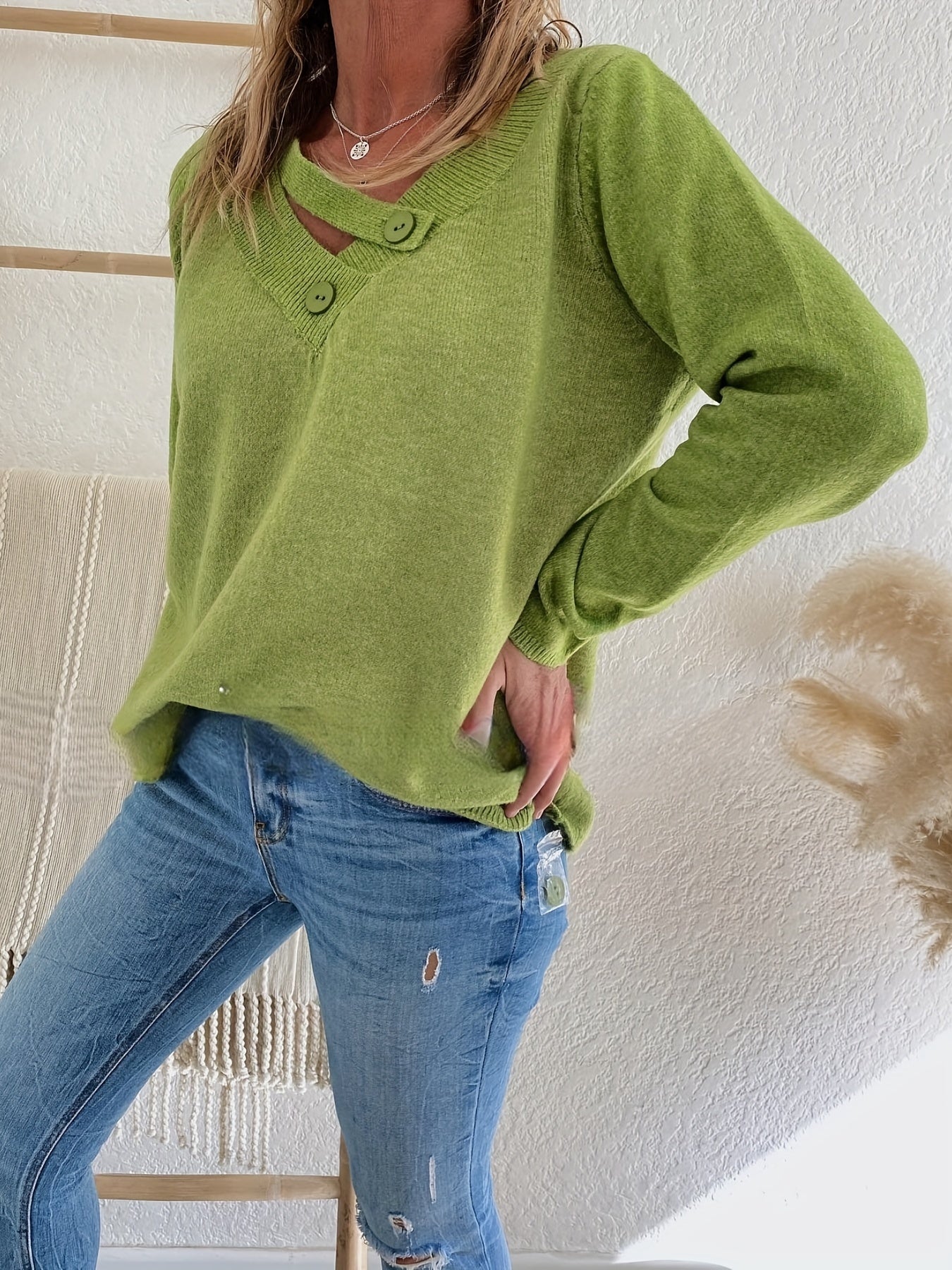 Versatile Knit Sweater V Neck Long Sleeve Casual Sweater With Buttons