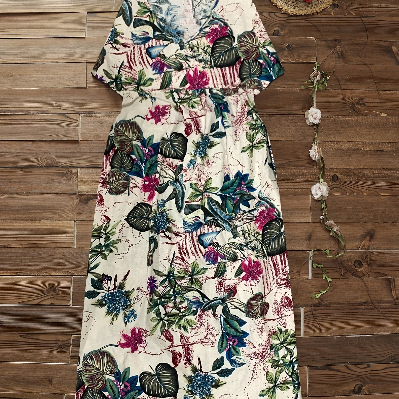 Floral Print V Neck Loose Fit Plus Size Dress