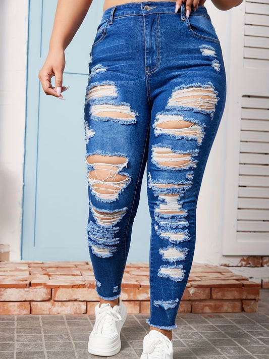 Plus Solid Button Fly Ripped Fringe Trim High Rise Skinny Jeans