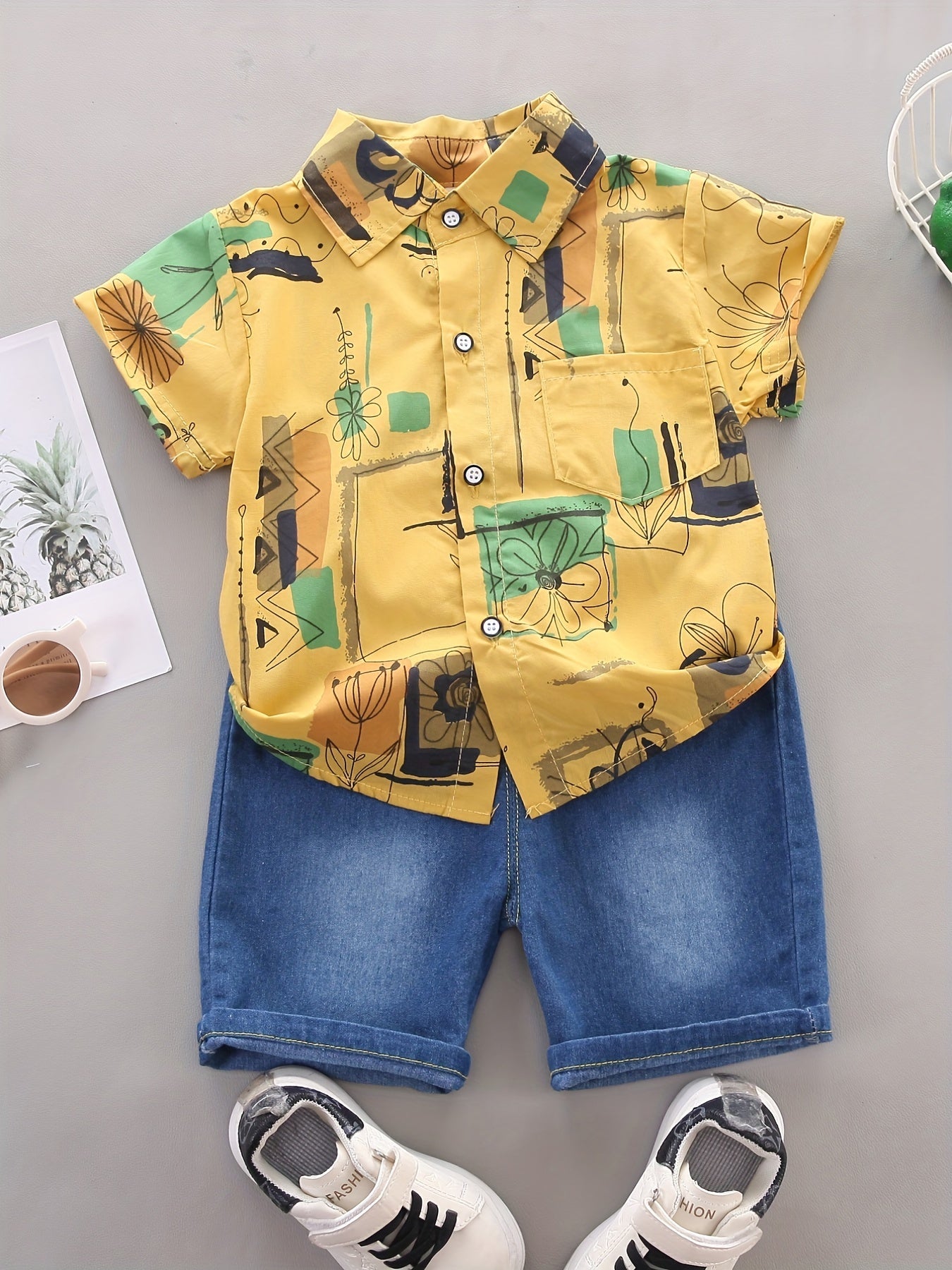 Boys Geo Pattern Lapel Shirt & Denim Shorts Set