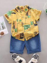 Boys Geo Pattern Lapel Shirt & Denim Shorts Set