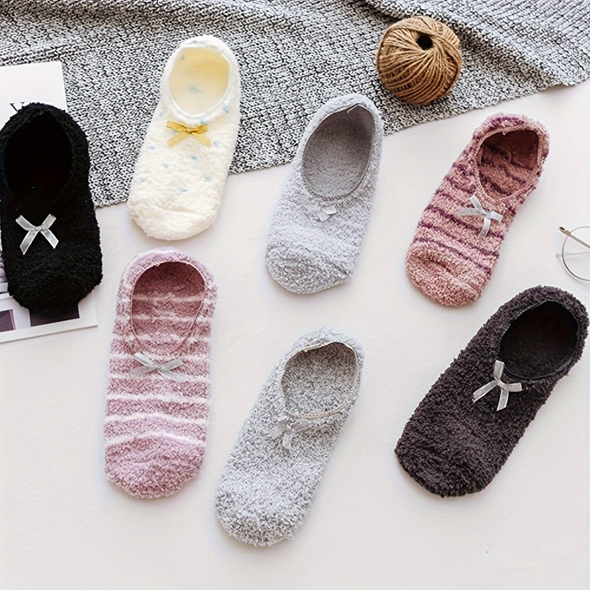 Bow Tie Fuzzy Socks Soft & Warm Low Cut Ankle Socks Women's