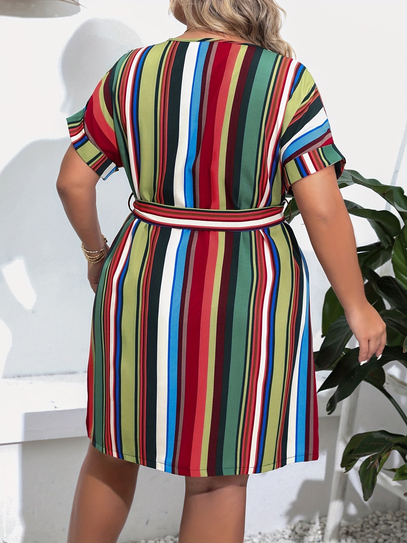  Colorblock Stripe Print Dress With Belt