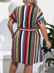  Colorblock Stripe Print Dress With Belt