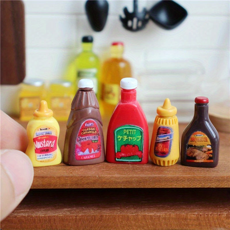 1:6 Dollhouse Sauce Bottles Set - Ketchup, Mustard, Mayonnaise, Soy Sauce, BBQ