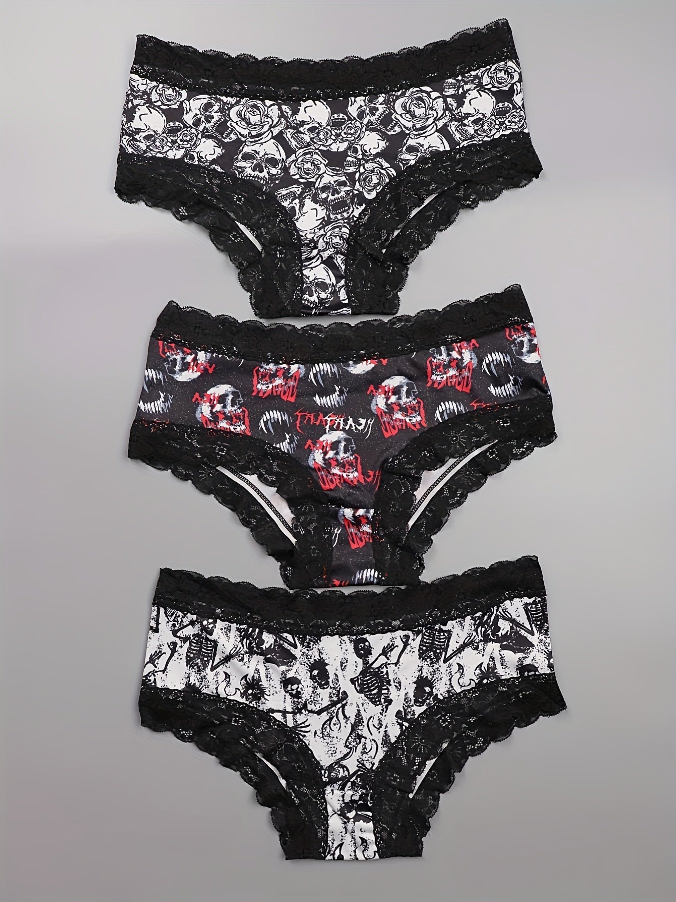 3-Pack Plus Size Gothic Panties Set Women's Skull Print Contrast