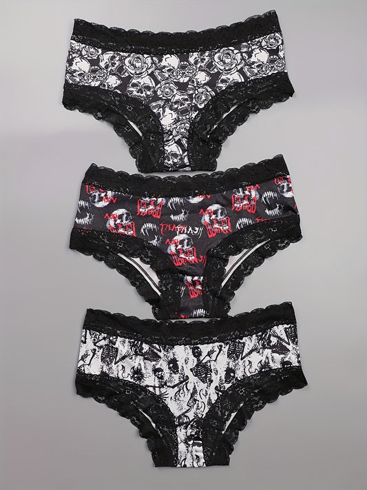 3-Pack Plus Size Gothic Panties Set Women's Skull Print Contrast