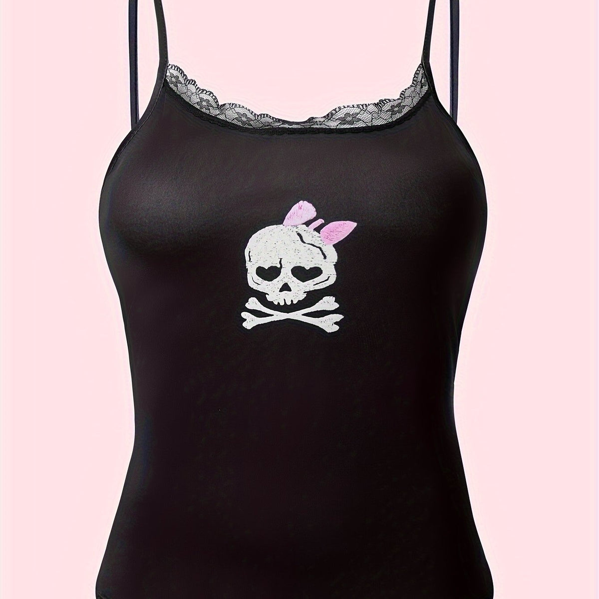 Skull Pattern Cami Top Halloween Lace Crew Neck Lingerie