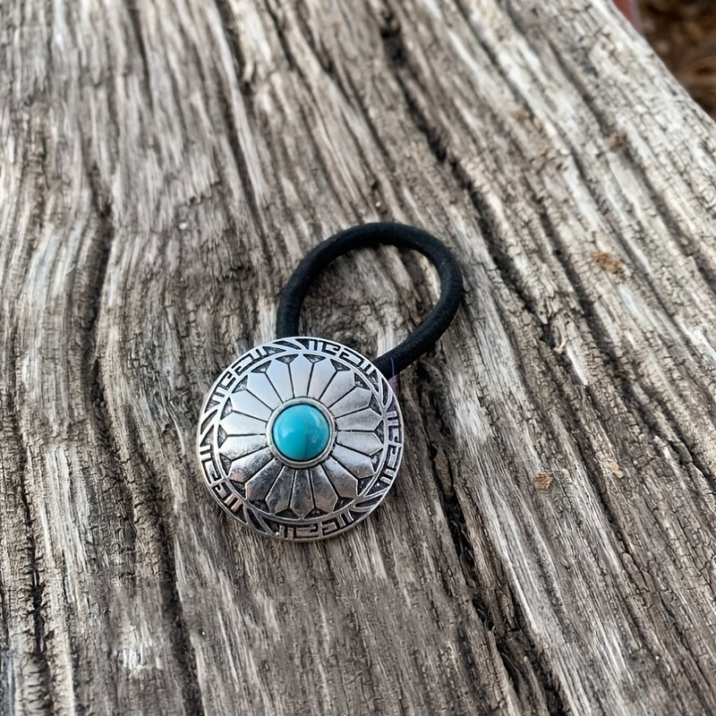 Western Style Hair Tie with Turquoise Decor - Elastic Ponytail Holder