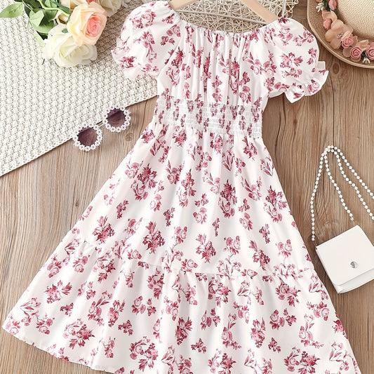 Kid Girls Floral Graphic A line Dress For Party Holiday Kids Summer Clothes