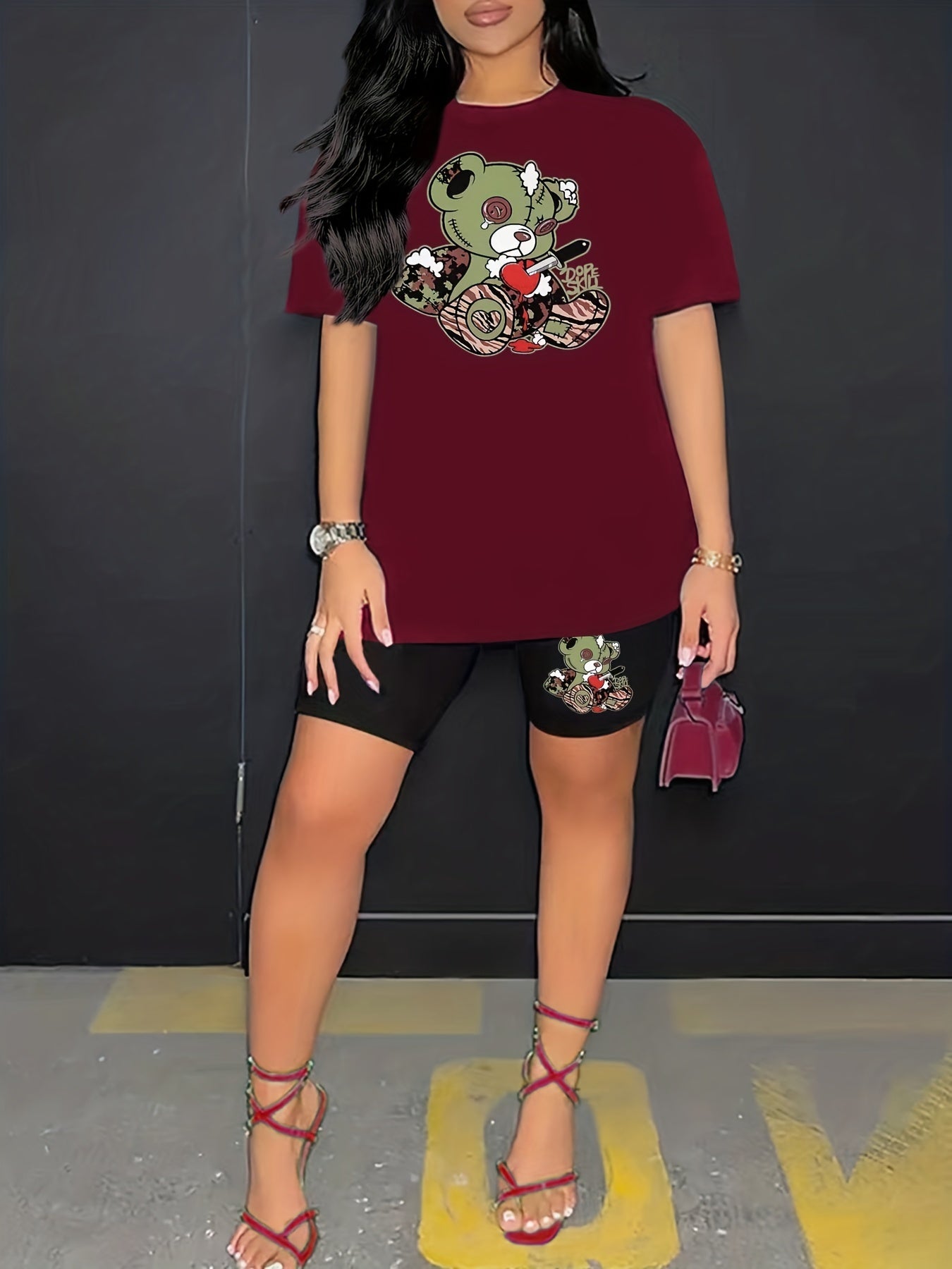 Teddy Bear Print 2pc Set Short Sleeve Crew Neck T Shirt & Shorts Casual Outfit
