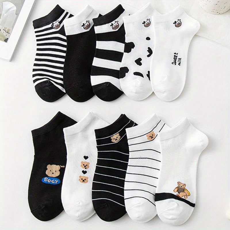 Cow & Bear Print Socks & Lightweight Cartoon Ankle Socks Women's Stockings