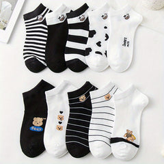 Cow & Bear Print Socks & Lightweight Cartoon Ankle Socks Women's Stockings