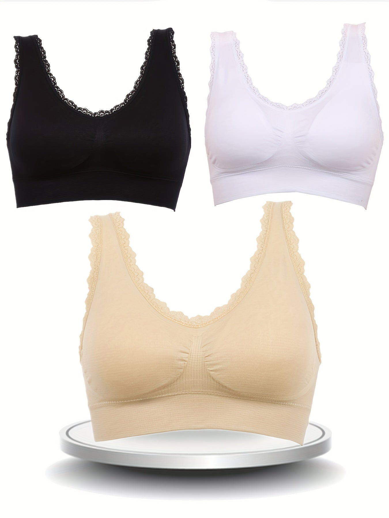 3 Pcs Lace Trim Sports Bra for Women, M-3XL