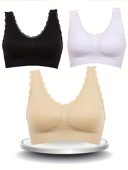 3 Pcs Lace Trim Sports Bra for Women, M-3XL