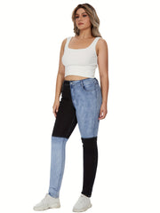  Patchwork Button Fly Slim Fit Denim Pants