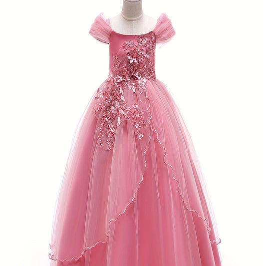 Girls Puffy Princess Dress Sequin Bead Flowers Embroidery Mesh Tutu