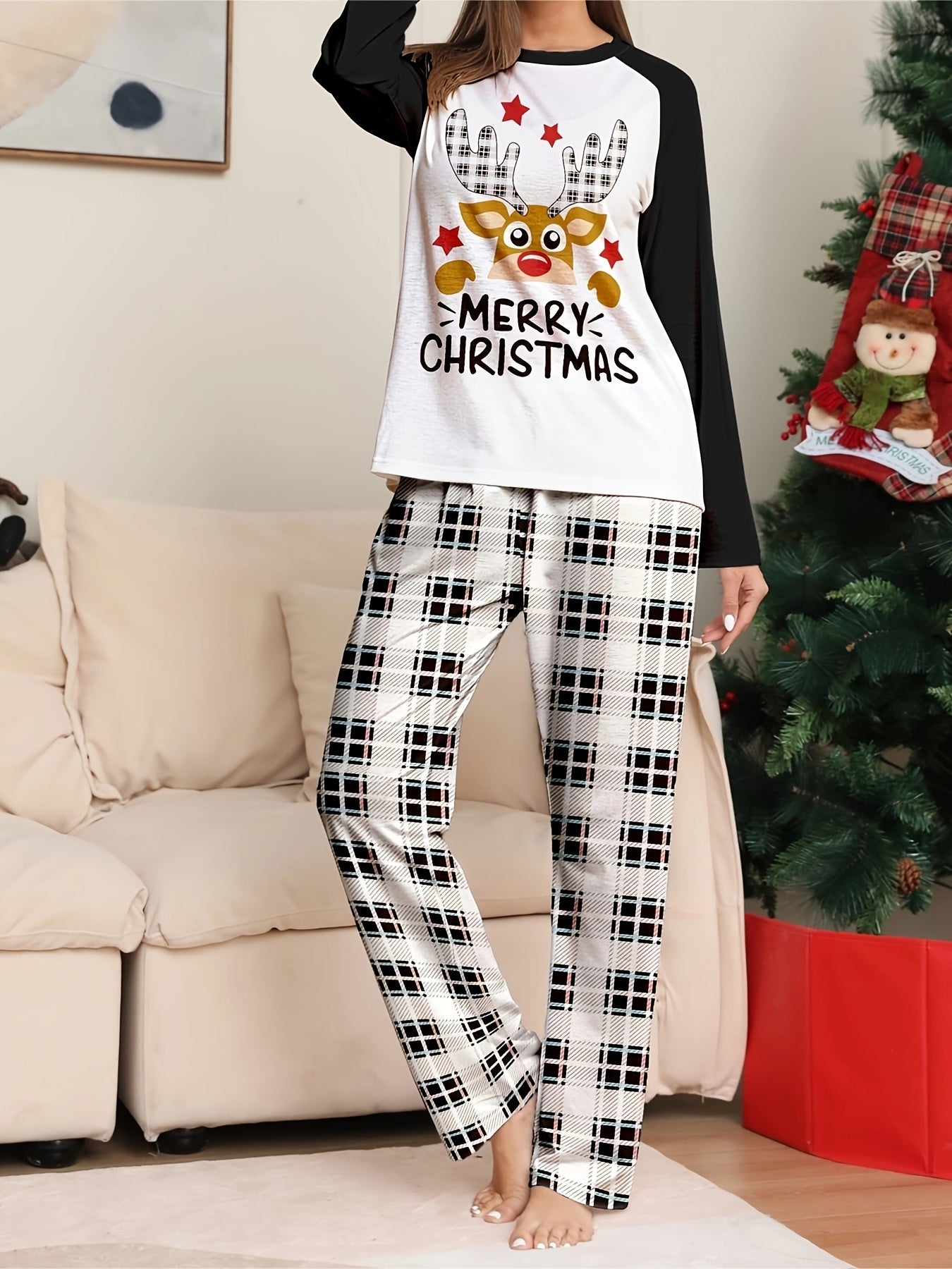  Christmas Pajamas Set Women's Elk & Slogan Tee & Plaid Pants Two Piece