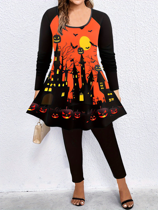  Pumpkin & Cat Print Tunic Top & Leg