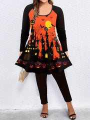  Pumpkin & Cat Print Tunic Top & Leg