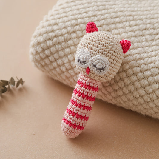 Crochet Owl Bell Toy Soft Nylon Sensory Stimulation Bead Eyes Pink Teething Toy