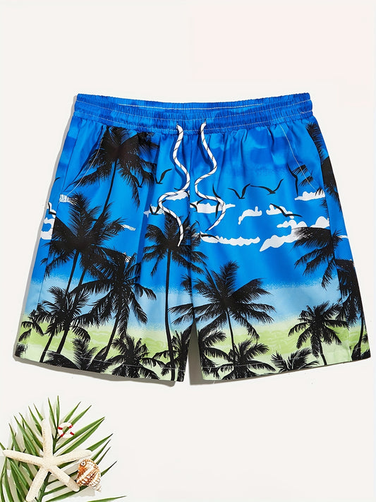 Quick Dry Drawstring Men's Swim Trunks Palm Trees Print Board Shorts