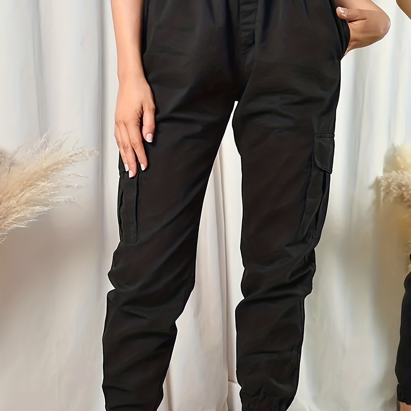  Solid Elastic Drawstring High Rise Jogger Cargo Trousers