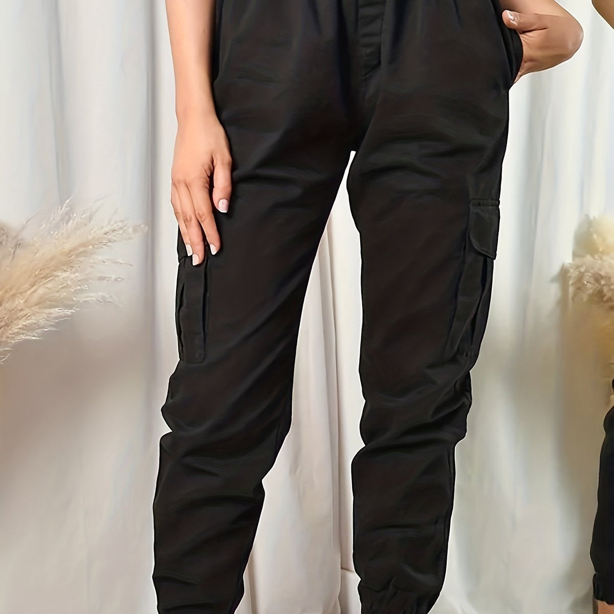  Solid Elastic Drawstring High Rise Jogger Cargo Trousers