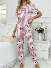 Heart Print Pajama Set Short Sleeve Top & Elastic Waistband Pants