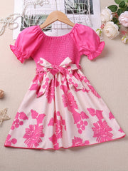 Girl's Puff Sleeve Shirred Floral Midi Dress with Belt