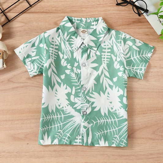 Boys Leaf Print Short Sleeves Shirt For Vacation Beach