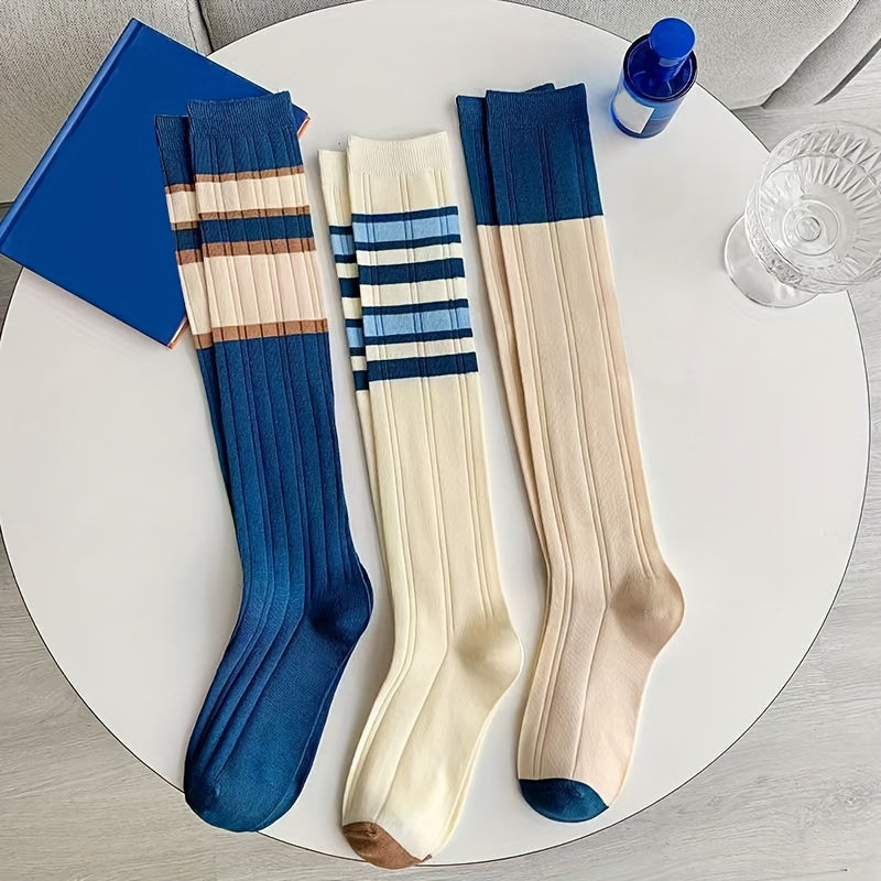3 Pairs Striped Calf Socks Colorblock Knee High Stockings