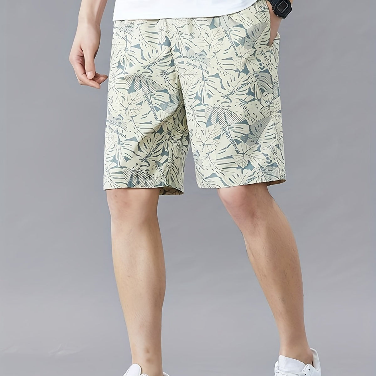 Men's Cotton Leaf Pattern Drawstring Shorts