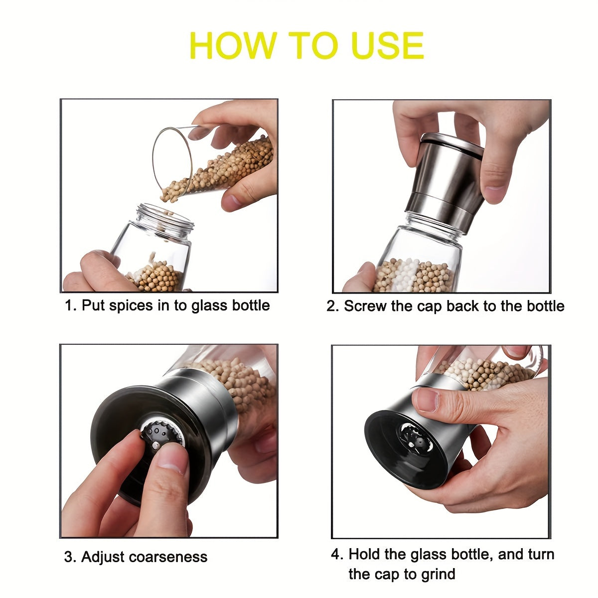 2pcs Glass Pepper & Salt Grinder Manual Mill Spice Crusher Bottle