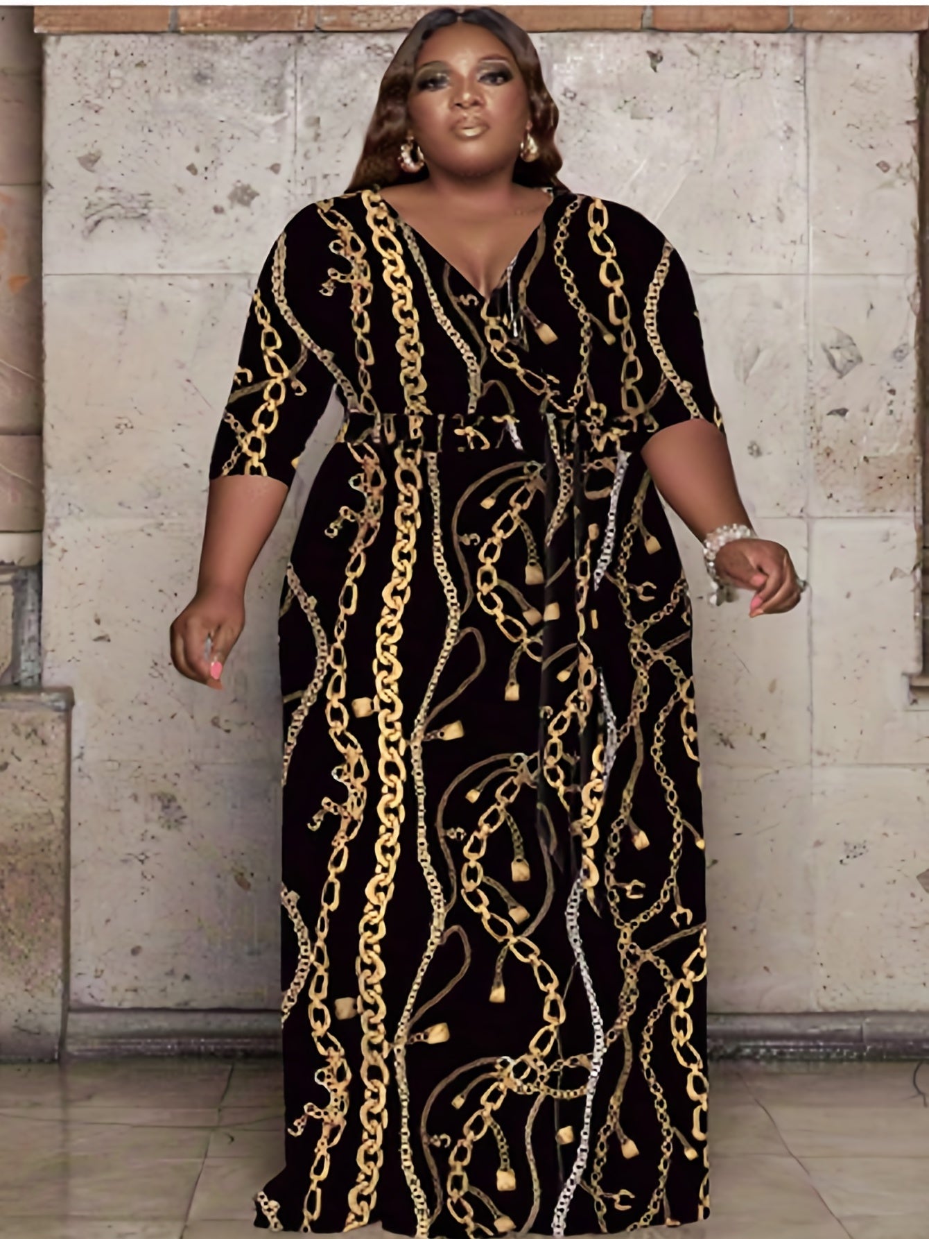 Plus Chain Print Maxi Dress With Belt