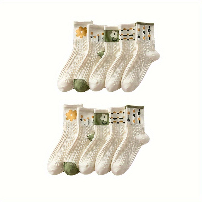 10 Pairs Floral Print Socks Women's Stockings & Hosiery